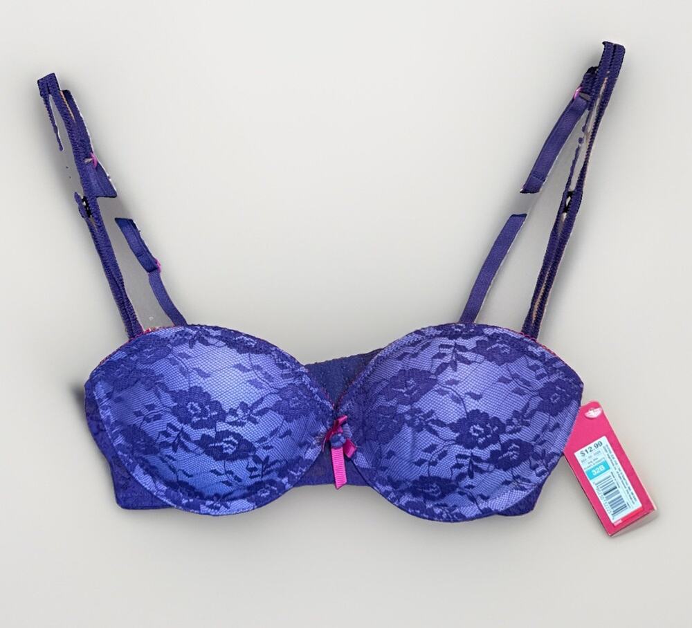 32B EXHILARATION Y2K Padded Cotton Stretch Push Up Plunge Bra in Purple Lace NWT